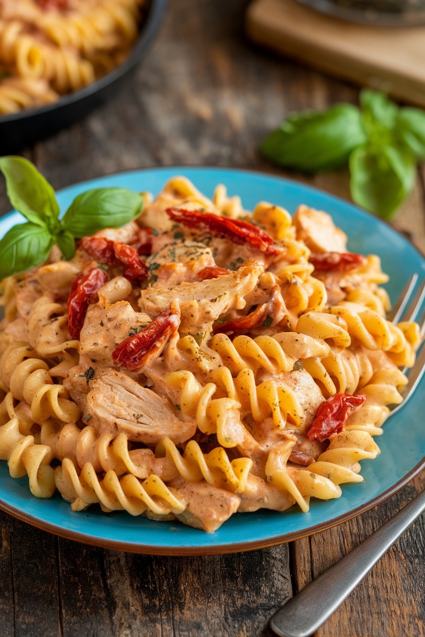 Creamy pasta with sun-dried tomatoes and chicken, garnished with basil on a rustic table.